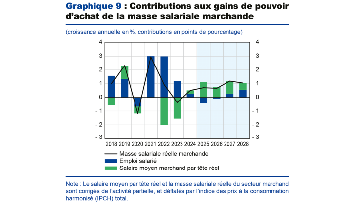Graphique 9 : Contributions aux gains de pouvoir d'achat de la masse salariale marchande
